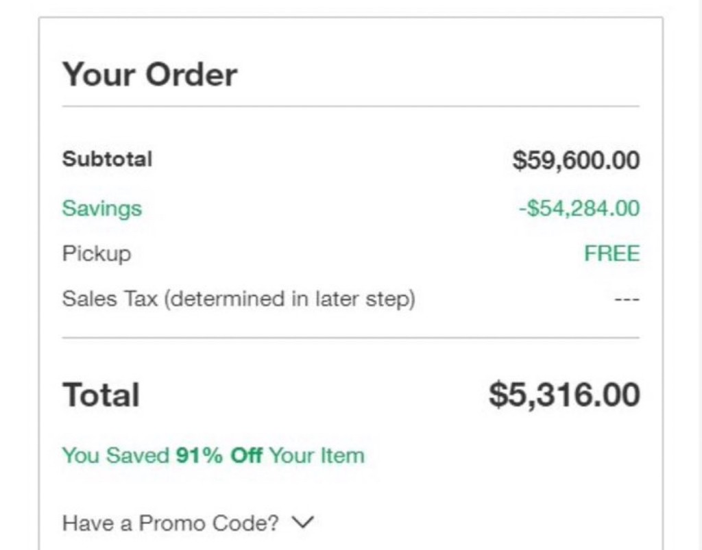 Order total $5,316.00 — saved $54,284